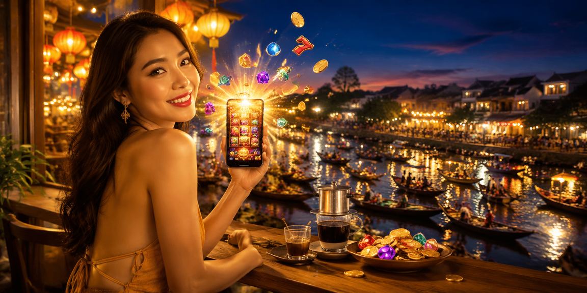 Người chơi slots tại Cần Thơ thư giãn với điện thoại trong quán cà phê buổi chiều