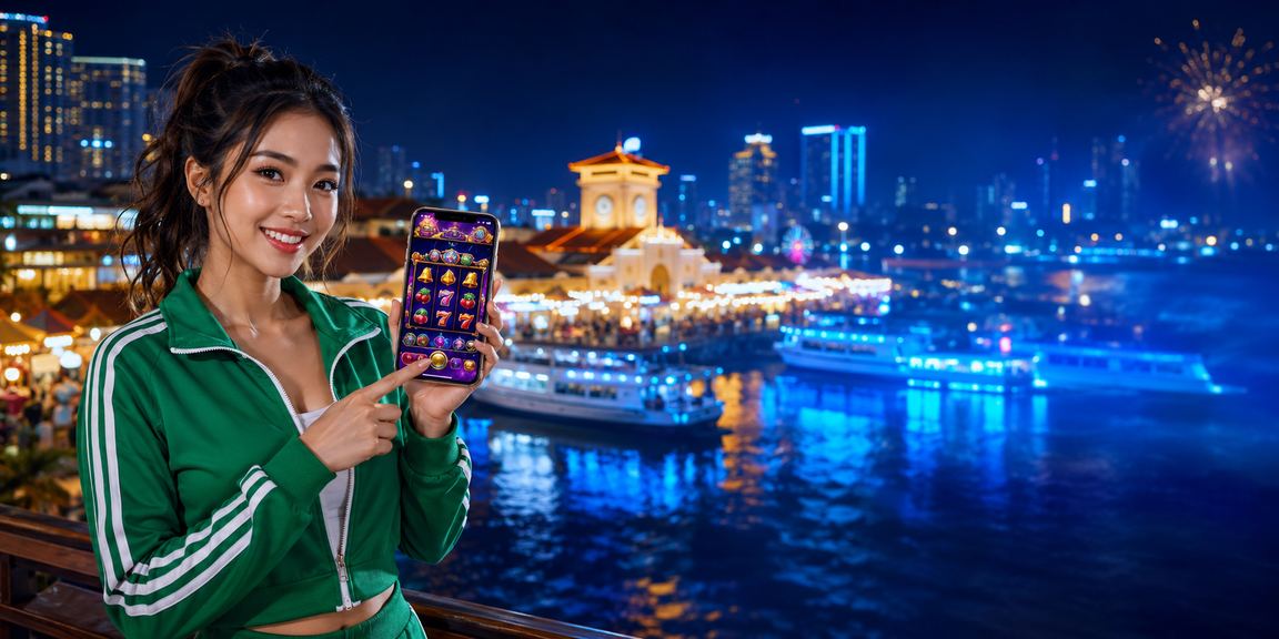 Người chơi tham gia sự kiện game tại lễ hội đêm TP. Hồ Chí Minh với màn hình slots rực rỡ